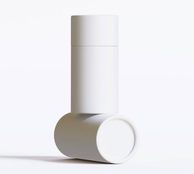 Beyaz kağıttan tüp modelleri beyaz arka planda izole edildi. Boş el işi karton dairesel gerçekçi tüp dokusu. Ürün markalaşması için kapaklı silindirik bir kap