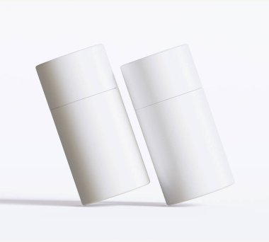 Beyaz kağıttan tüp modelleri beyaz arka planda izole edildi. Boş el işi karton dairesel gerçekçi tüp dokusu. Ürün markalaşması için kapaklı silindirik bir kap