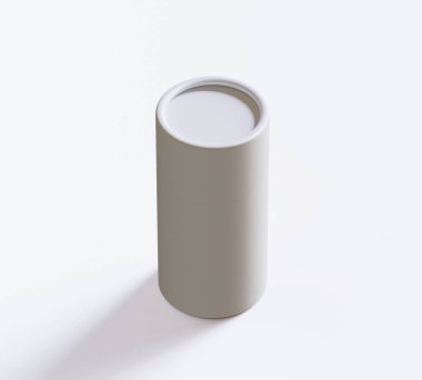 Beyaz kağıttan tüp modelleri beyaz arka planda izole edildi. Boş el işi karton dairesel gerçekçi tüp dokusu. Ürün markalaşması için kapaklı silindirik bir kap