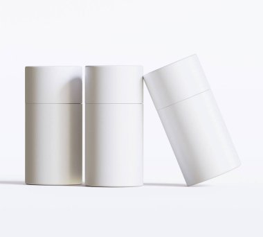 Beyaz kağıttan tüp modelleri beyaz arka planda izole edildi. Boş el işi karton dairesel gerçekçi tüp dokusu. Ürün markalaşması için kapaklı silindirik bir kap