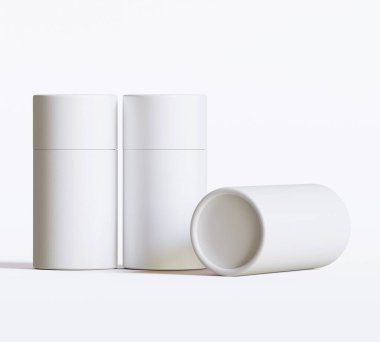 Beyaz kağıttan tüp modelleri beyaz arka planda izole edildi. Boş el işi karton dairesel gerçekçi tüp dokusu. Ürün markalaşması için kapaklı silindirik bir kap