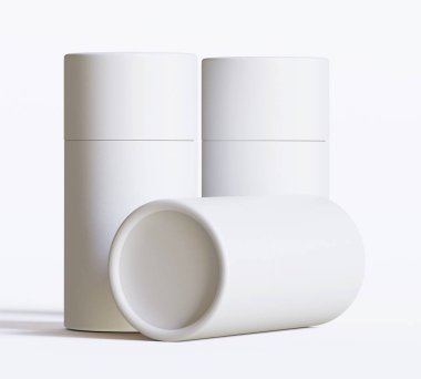 Beyaz kağıttan tüp modelleri beyaz arka planda izole edildi. Boş el işi karton dairesel gerçekçi tüp dokusu. Ürün markalaşması için kapaklı silindirik bir kap
