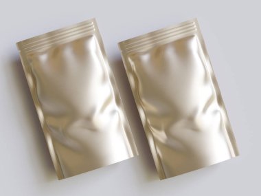 Boş alüminyum folyo plastik kese çantası, kesme yolu ile beyaz arkaplanda izole edilmiş kese paketi.