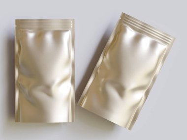 Boş alüminyum folyo plastik kese çantası, kesme yolu ile beyaz arkaplanda izole edilmiş kese paketi.