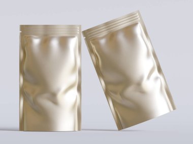 Boş alüminyum folyo plastik kese çantası, kesme yolu ile beyaz arkaplanda izole edilmiş kese paketi.