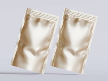 Boş alüminyum folyo plastik kese çantası, kesme yolu ile beyaz arkaplanda izole edilmiş kese paketi.