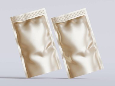 Boş alüminyum folyo plastik kese çantası, kesme yolu ile beyaz arkaplanda izole edilmiş kese paketi.