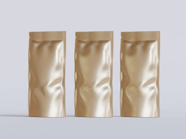 Boş alüminyum folyo plastik kese çantası, kesme yolu ile beyaz arkaplanda izole edilmiş kese paketi.