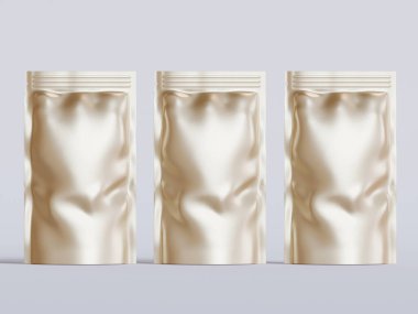 Boş alüminyum folyo plastik kese çantası, kesme yolu ile beyaz arkaplanda izole edilmiş kese paketi.