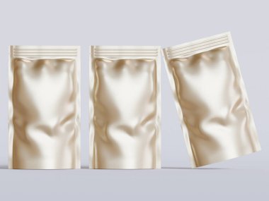 Boş alüminyum folyo plastik kese çantası, kesme yolu ile beyaz arkaplanda izole edilmiş kese paketi.