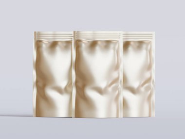 Boş alüminyum folyo plastik kese çantası, kesme yolu ile beyaz arkaplanda izole edilmiş kese paketi.