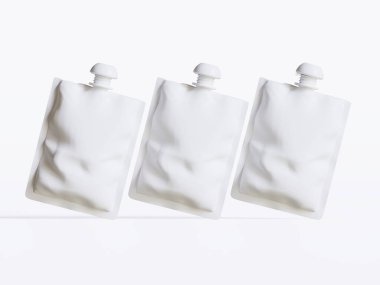 Boş yemek paketi ya da Sachet Sachet Poşeti ve Spout Lid. Model yap, Şablon. Görüntü Beyaz Arkaplanda İzole Edildi