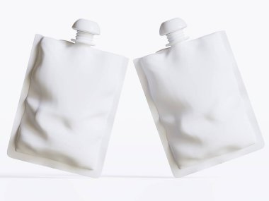 Boş yemek paketi ya da Sachet Sachet Poşeti ve Spout Lid. Model yap, Şablon. Görüntü Beyaz Arkaplanda İzole Edildi