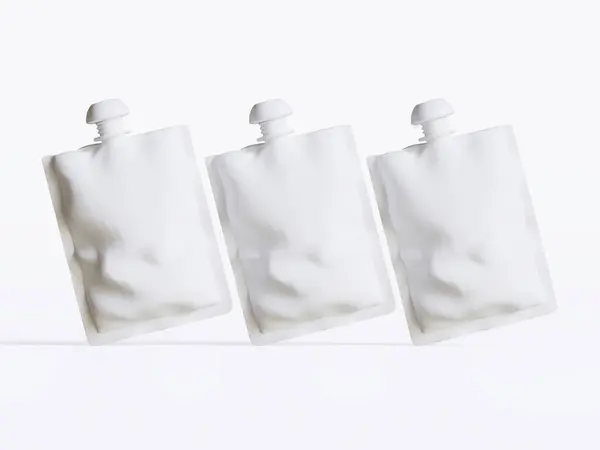 Boş yemek paketi ya da Sachet Sachet Poşeti ve Spout Lid. Model yap, Şablon. Görüntü Beyaz Arkaplanda İzole Edildi