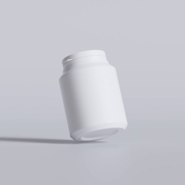 Plastik şişe, beyaz renk, boğaz, kapsül, gri arka planda izole edilmiş haplar. 3B resimleme