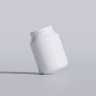 Plastik şişe, beyaz renk, boğaz, kapsül, gri arka planda izole edilmiş haplar. 3B resimleme