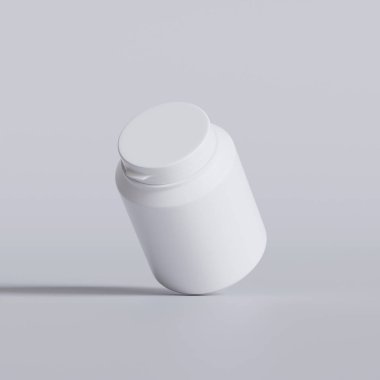 Plastik şişe, beyaz renk, boğaz, kapsül, gri arka planda izole edilmiş haplar. 3B resimleme