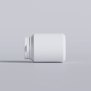 Plastik şişe, beyaz renk, boğaz, kapsül, gri arka planda izole edilmiş haplar. 3B resimleme