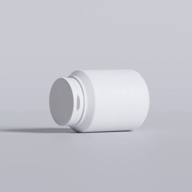 Plastik şişe, beyaz renk, boğaz, kapsül, gri arka planda izole edilmiş haplar. 3B resimleme