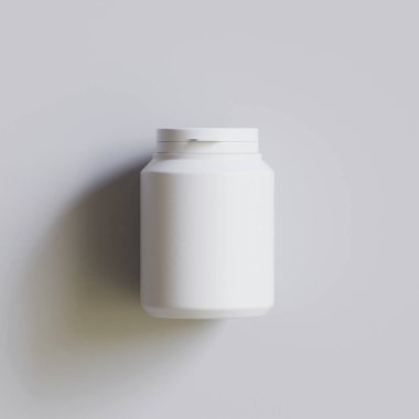Plastik şişe, beyaz renk, boğaz, kapsül, gri arka planda izole edilmiş haplar. 3B resimleme