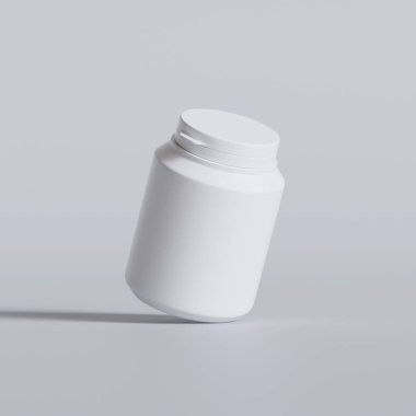 Plastik şişe, beyaz renk, boğaz, kapsül, gri arka planda izole edilmiş haplar. 3B resimleme