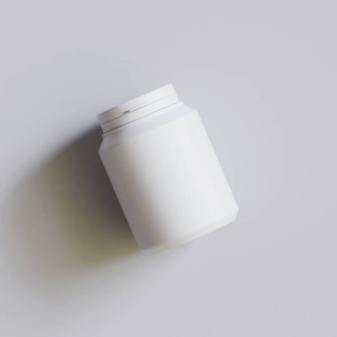 Plastik şişe, beyaz renk, boğaz, kapsül, gri arka planda izole edilmiş haplar. 3B resimleme