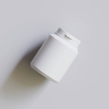 Plastik şişe, beyaz renk, boğaz, kapsül, gri arka planda izole edilmiş haplar. 3B resimleme