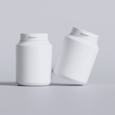 Plastik şişe, beyaz renk, boğaz, kapsül, gri arka planda izole edilmiş haplar. 3B resimleme
