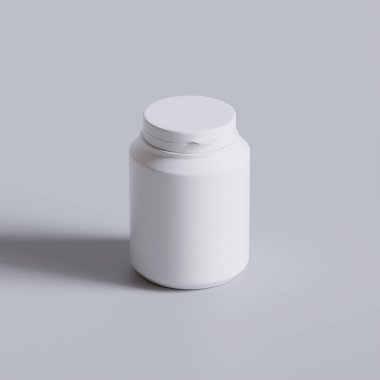 Plastik şişe, beyaz renk, boğaz, kapsül, gri arka planda izole edilmiş haplar. 3B resimleme