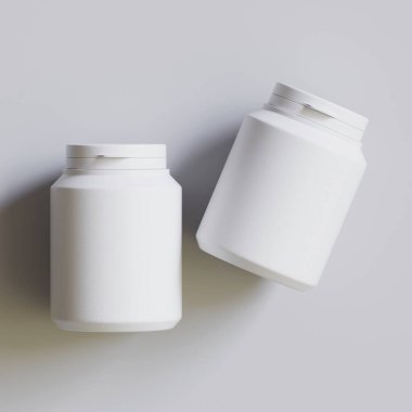 Plastik şişe, beyaz renk, boğaz, kapsül, gri arka planda izole edilmiş haplar. 3B resimleme