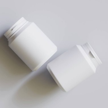 Plastik şişe, beyaz renk, boğaz, kapsül, gri arka planda izole edilmiş haplar. 3B resimleme