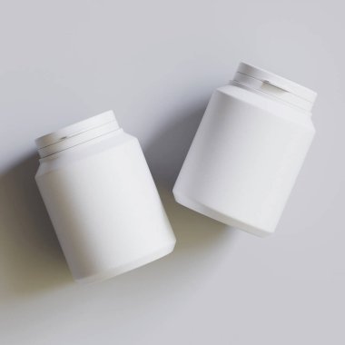 Plastik şişe, beyaz renk, boğaz, kapsül, gri arka planda izole edilmiş haplar. 3B resimleme