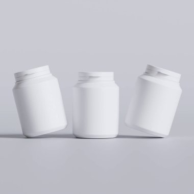 Plastik şişe, beyaz renk, boğaz, kapsül, gri arka planda izole edilmiş haplar. 3B resimleme