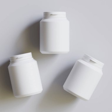 Plastik şişe, beyaz renk, boğaz, kapsül, gri arka planda izole edilmiş haplar. 3B resimleme