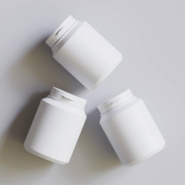 Plastik şişe, beyaz renk, boğaz, kapsül, gri arka planda izole edilmiş haplar. 3B resimleme