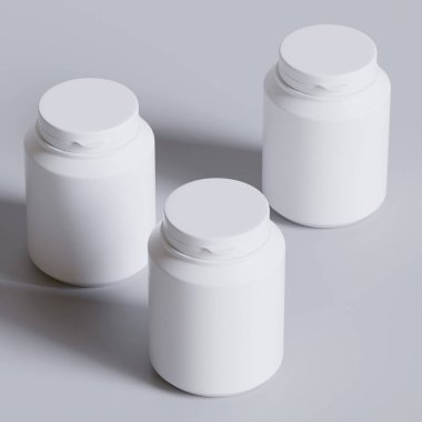 Plastik şişe, beyaz renk, boğaz, kapsül, gri arka planda izole edilmiş haplar. 3B resimleme