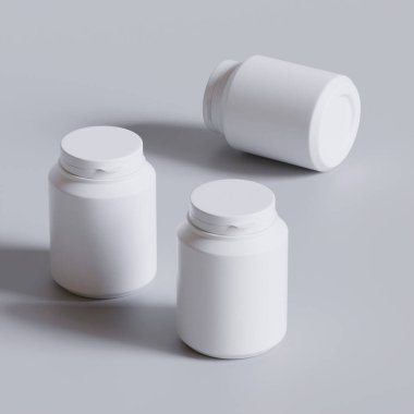 Plastik şişe, beyaz renk, boğaz, kapsül, gri arka planda izole edilmiş haplar. 3B resimleme