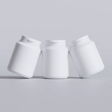 Plastik şişe, beyaz renk, boğaz, kapsül, gri arka planda izole edilmiş haplar. 3B resimleme