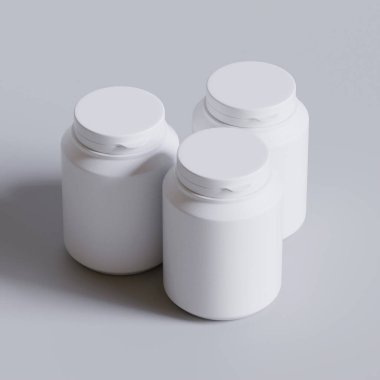 Plastik şişe, beyaz renk, boğaz, kapsül, gri arka planda izole edilmiş haplar. 3B resimleme