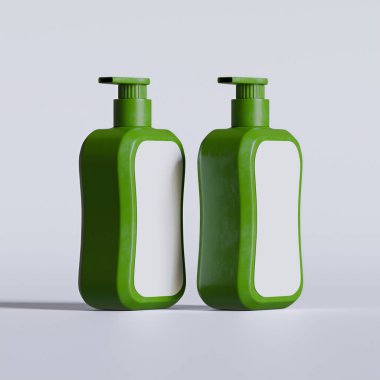 Gri arkaplanda boş etiketli sıvı sabun paketlemesi