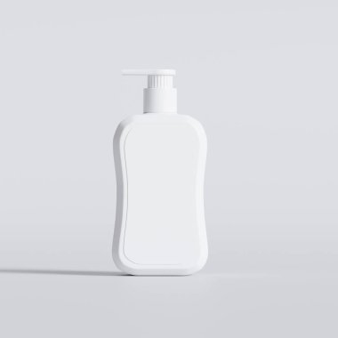 Gri arkaplanda boş etiketli sıvı sabun paketlemesi