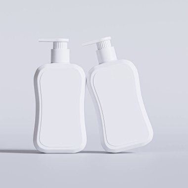 Gri arkaplanda boş etiketli sıvı sabun paketlemesi