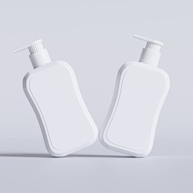 Gri arkaplanda boş etiketli sıvı sabun paketlemesi