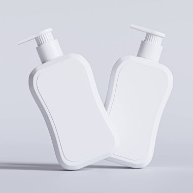 Gri arkaplanda boş etiketli sıvı sabun paketlemesi