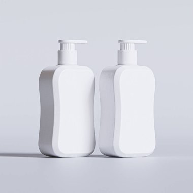 Gri arkaplanda boş etiketli sıvı sabun paketlemesi