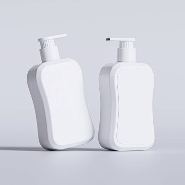 Gri arkaplanda boş etiketli sıvı sabun paketlemesi