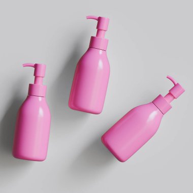 Plastik şişe pompası, gri arka planda gerçekçi 3D çizim