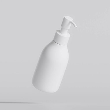 Plastik şişe pompası, gri arka planda gerçekçi 3D çizim