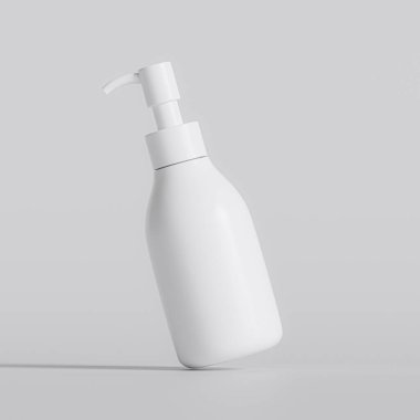 Plastik şişe pompası, gri arka planda gerçekçi 3D çizim