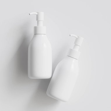 Plastik şişe pompası, gri arka planda gerçekçi 3D çizim